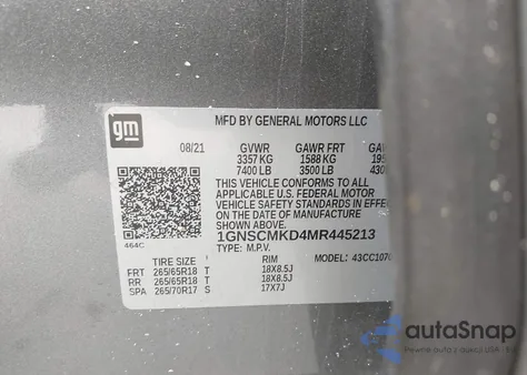 2021 Chevrolet Tahoe 2Wd Ls z USA, uszkodzony, nr VIN 1GNSCMKD4MR445213